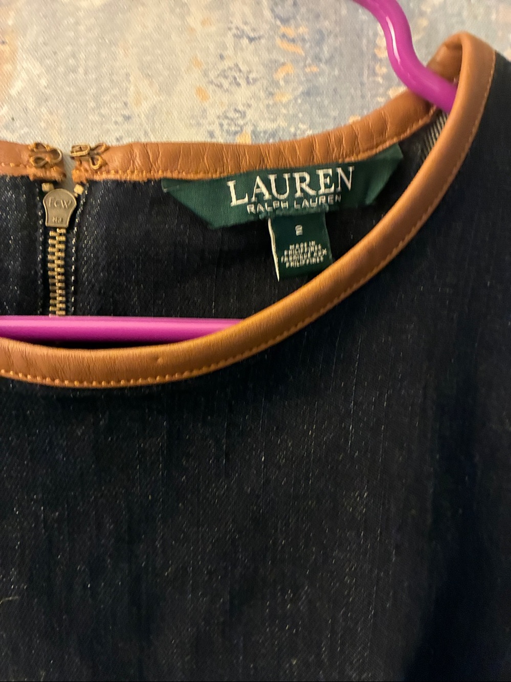NWOT Lauren Ralph Lauren Black Denim Shift Dress with Genuine Leather  Neck Trim - Picture 3 of 15